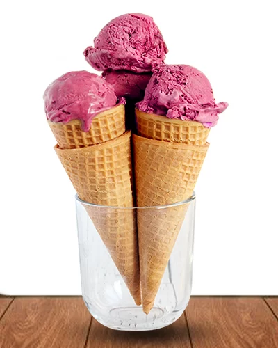 Three pink strawberry ice creams with double cones each in a transparent jar